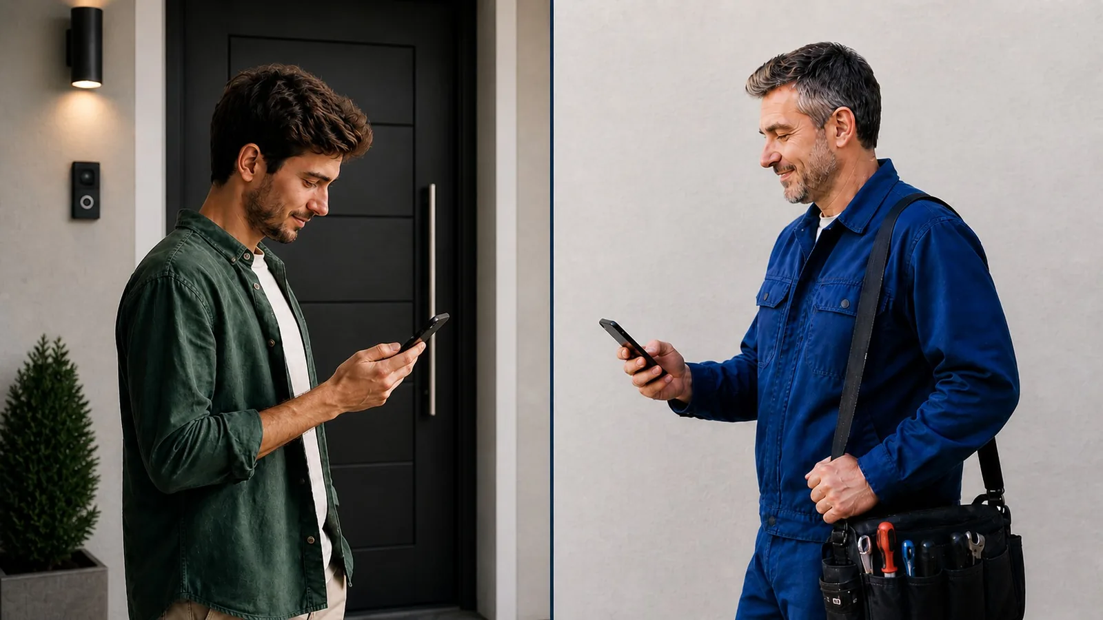 Client and locksmith both checking their phones — Serrugo mirror image